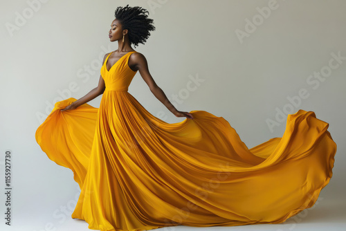 A Black woman in a flowing yellow gown  elegant and graceful  embodies beauty and poise.