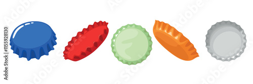 Set of beautiful crown corks for closing bottles in cartoon style. Vector illustration of crown caps for bottles of different colors: dark blue, red, green, orange, gray isolated on white background.