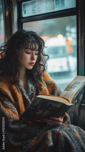 Woman reading book on bus while wrapped in cozy blanket during afternoon