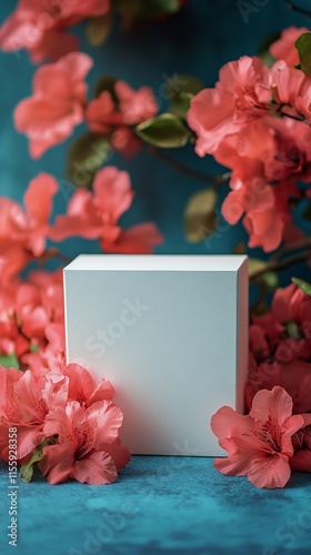 Elegant product presentation surrounded by vibrant pink flowers on a blue bac...