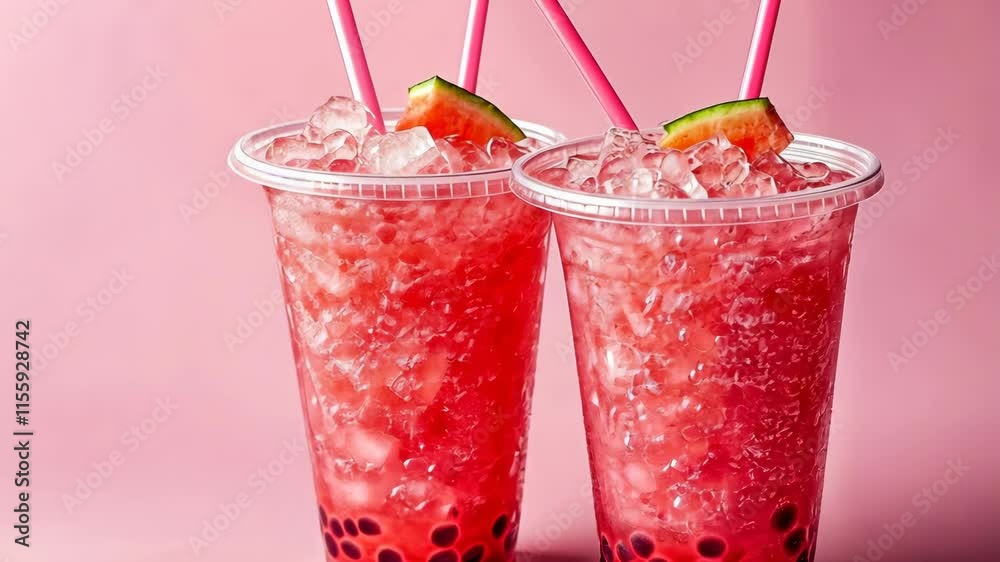 Refreshing summer drinks with watermelon slices and pink straws on a pink background