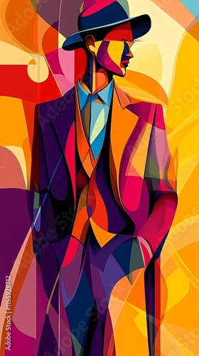 A vibrant, stylized illustration of a man in a suit and hat, exuding confidence and elegance.