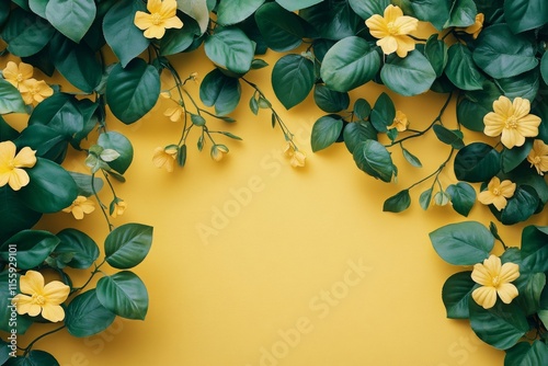 Bright yellow flowers and green leaves create a vibrant natural arrangement o...