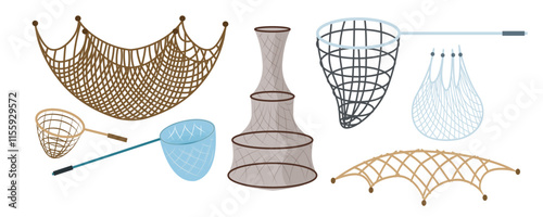 Set of fishing nets in cartoon style. Vector illustration of different fishing nets with wooden handles,metal cage, isolated on white background.Private or commercial fishing.Fishing at shallow depth.