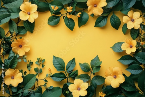 Bright yellow flowers and green leaves create a vibrant natural arrangement o...