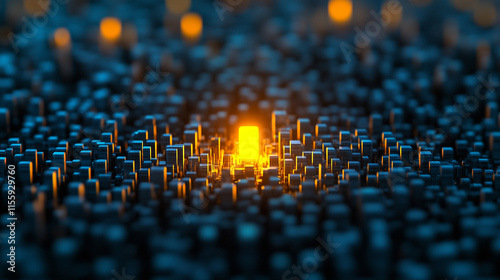 single pixel glowing brightly among dim ones, symbolizing individuality and standing out in a chaotic crowd, representing uniqueness and the power of difference in a world of conformity

