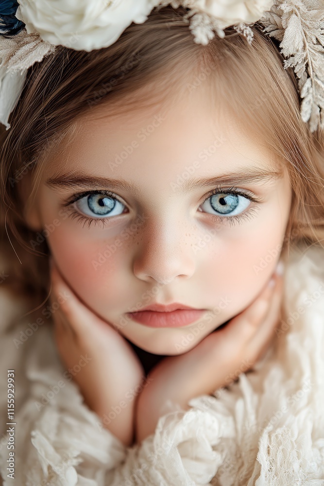 A little girl with blue eyes wearing a flower crown A little girl with blue eyes wearing a flower crown