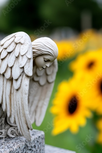 A statue of an angel sitting on top of a grave photo