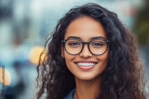 Smiling young woman with curly hair wearing glasses in a city setting during ...