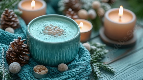 Smiling woman enjoying tea by candlelight in cozy indoor setting during autumn