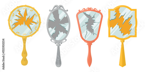 Set of antique broken mirrors in cartoon style. Vector illustration of mirrors with handles of different shapes with patterns, cracked glass isolated on white background. Vintage hand mirrors.