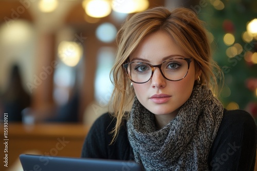 Woman using laptop in cozy cafe setting during afternoon