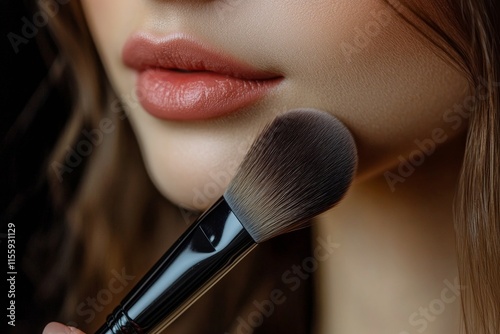 Makeup brush held by hand with blurred cosmetics in background on a bright co...