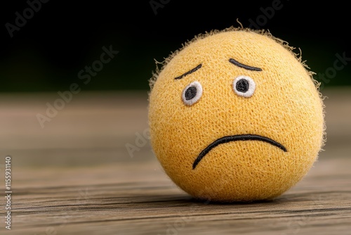 A yellow ball with a sad face sitting on a table