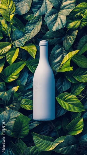 Green leaves surround a white spray bottle in a natural setting of lush foliage