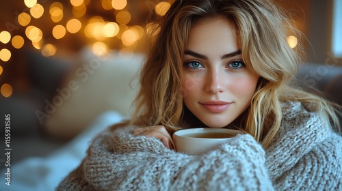 Smiling woman enjoying tea by candlelight in cozy indoor setting during autumn