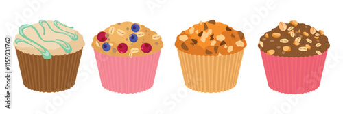 Set of delicious muffins in cartoon style. Vector illustration of cupcakes with different flavors: icing, cranberry, blueberry, oatmeal, crumbs isolated on white background. Healthy oatmeal muffins.