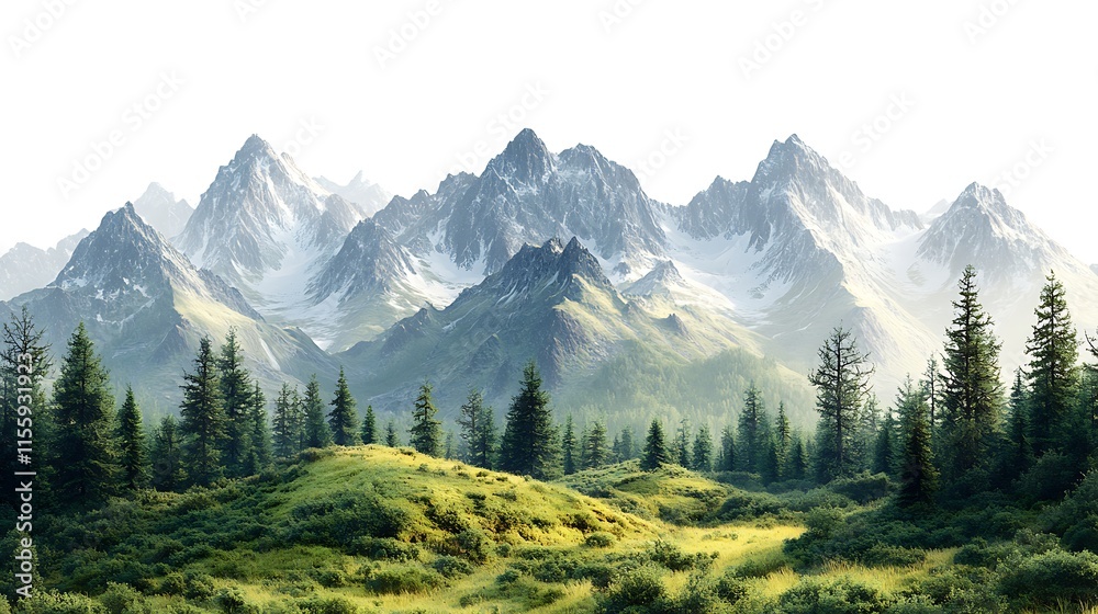 Majestic mountain tops surrounded by soft clouds and golden grassy plains image Majestic mountain tops surrounded by soft clouds and golden grassy plains image