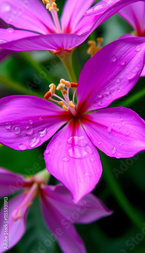 A close-up of a vibrant pink flower with droplets of water on the petals, emphasizing the natural beauty and freshness of the bloom, dreamy atmosphere, with white tones