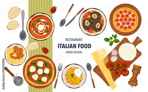 Set of vector banner illustrations with flat letters. Delicious food. Italian food, pasta, spaghetti, cooking from top view, recipes, menus, restaurants for food design, posters, and backgrounds.