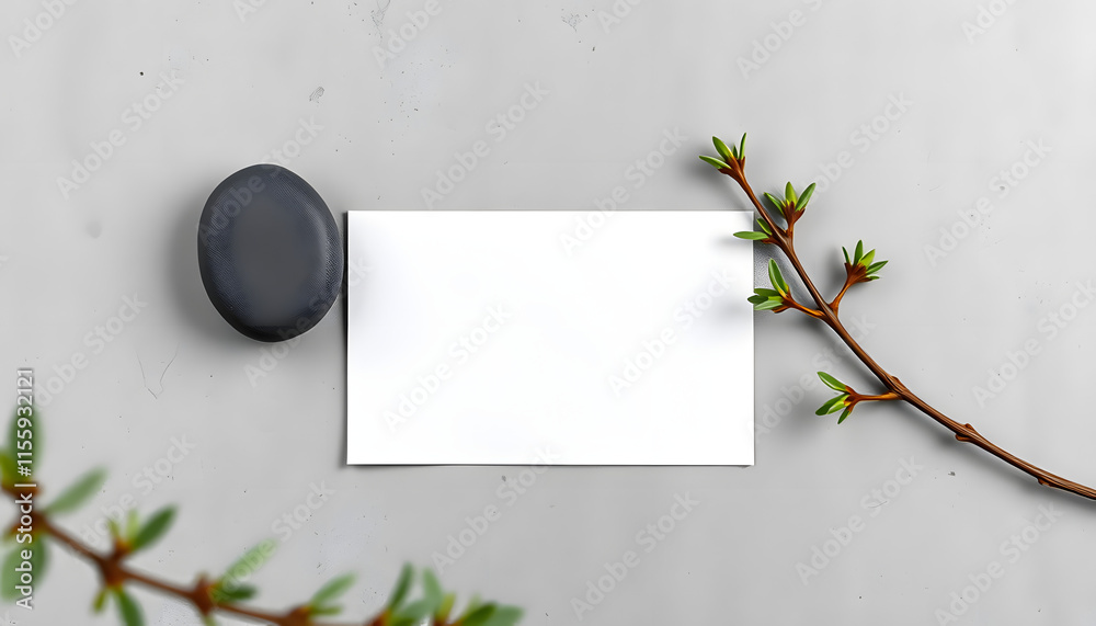 White paper business card, mockup with stone and boxwood branch on gray concrete background. flat lay, canvas, copy space, blurry foreground. isolated with white shades White paper business card, mockup with stone and boxwood branch on gray concrete background. flat lay, canvas, copy space, blurry foreground. isolated with white shades