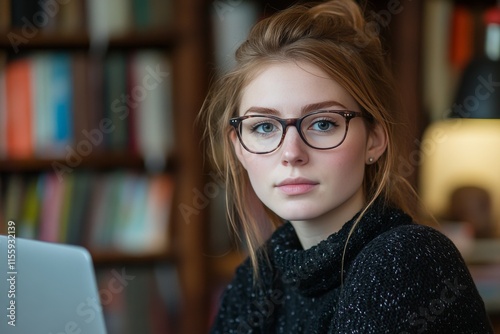 Woman using laptop in cozy cafe setting during afternoon