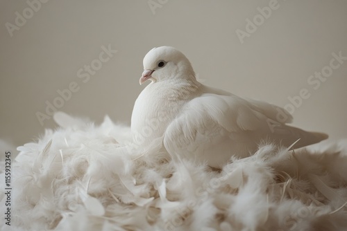 White dove resting on soft feathers in a serene indoor setting during bright ...