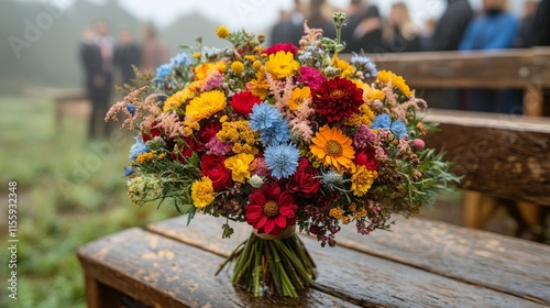 Colorful bouquet of wildflowers resting on a rustic wooden bench in a serene ...