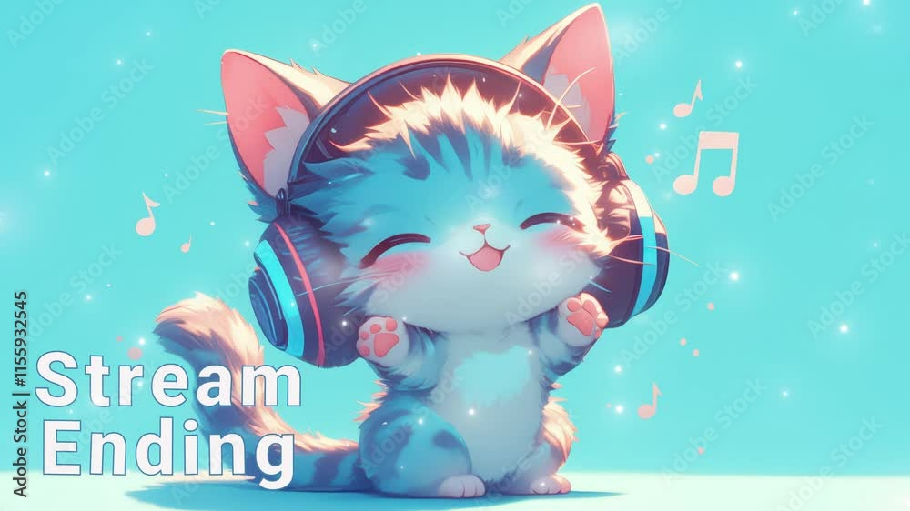 Adorable animated cat joyfully bids farewell with music notes. stream ending overlay seamless loop Vtuber streamer asset twitch zoom OBS screen animated wallpaper virtual background