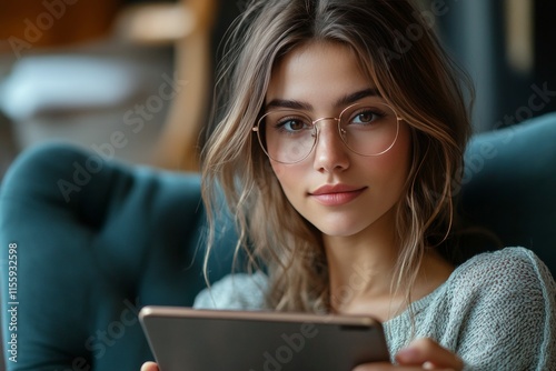 Young woman reading on tablet while sitting by a window in a cozy setting dur...