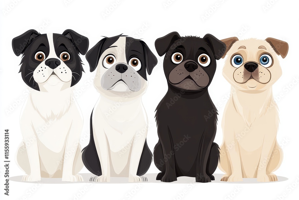 Naklejka premium A group of four dogs sitting next to each other