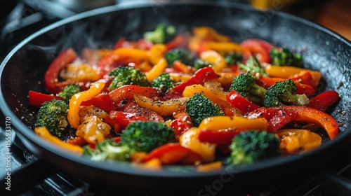 Colorful vegetables sizzling in a pan with steam rising in an indoor kitchen ...