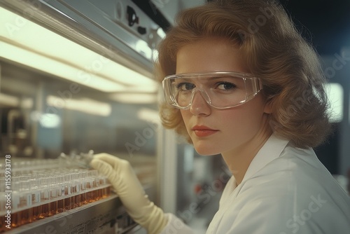 Scientist in laboratory wearing protective goggles during research session in...