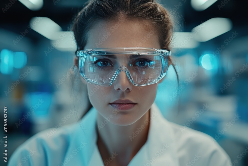 Scientist in laboratory wearing protective goggles during research session in high-tech facility Scientist in laboratory wearing protective goggles during research session in high-tech facility