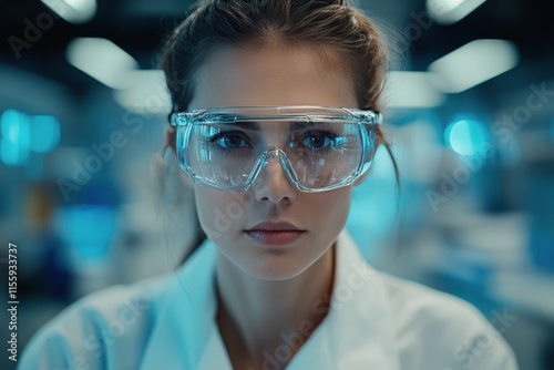 Scientist in laboratory wearing protective goggles during research session in...