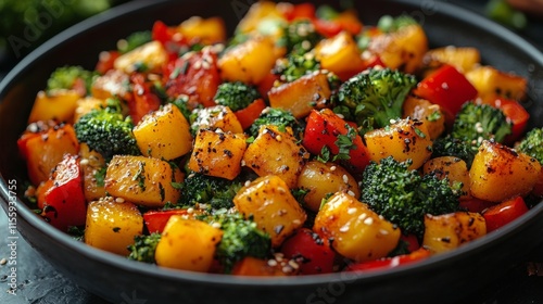 Colorful vegetables sizzling in a pan with steam rising in an indoor kitchen ...