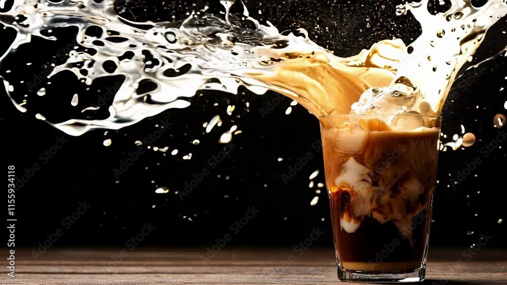 Dynamic splash of iced coffee with cream, captured mid-air against a dark background, highlighting energy, freshness, and indulgence  