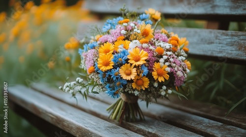 Colorful bouquet of wildflowers resting on a rustic wooden bench in a serene ...