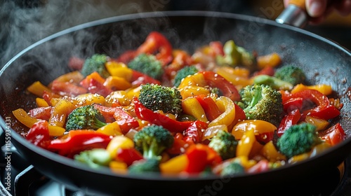 Colorful vegetables sizzling in a pan with steam rising in an indoor kitchen ...