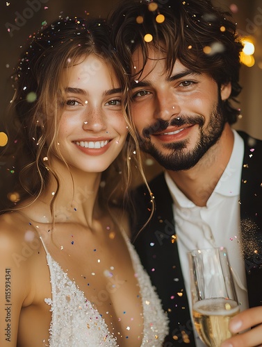 Celebratory Couple Toasting Amid Swirling Confetti Under Festive Lighting photo