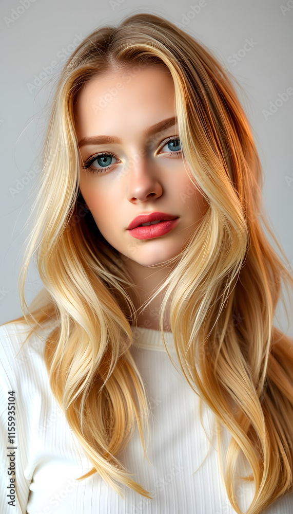 Beautiful model girl with Golden Blonde hair. Care and beauty hair products, Colored gel lighting, with white tones Beautiful model girl with Golden Blonde hair. Care and beauty hair products, Colored gel lighting, with white tones