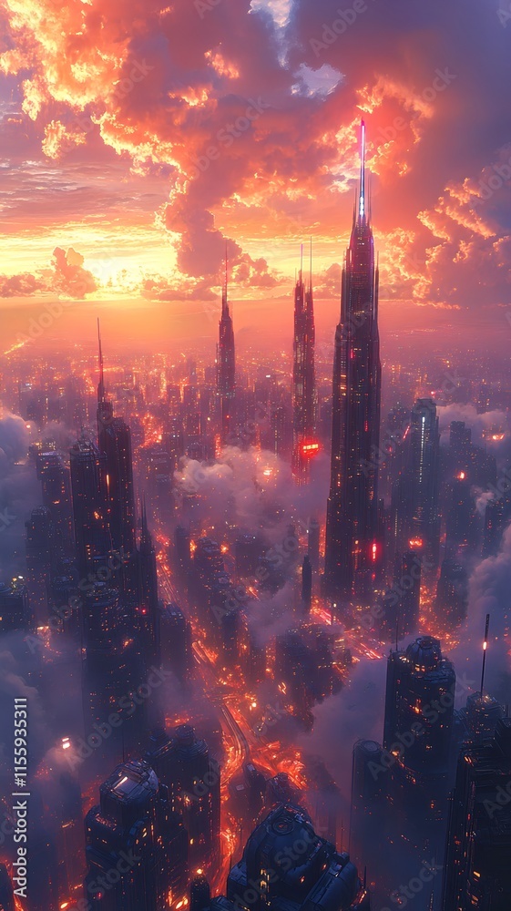 Fototapeta premium Futuristic Cityscape Aglow with Pulsing Neon Hues at Dusk Sleek High Rises and Towering Spires