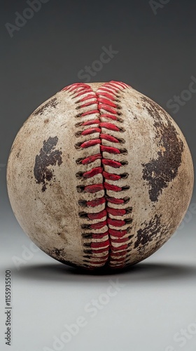 Worn baseball resting on a clean surface showcasing signs of numerous games p...
