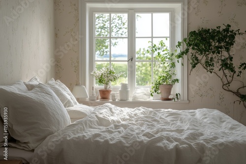 Cozy bedroom with inviting window and indoor plants in a serene setting