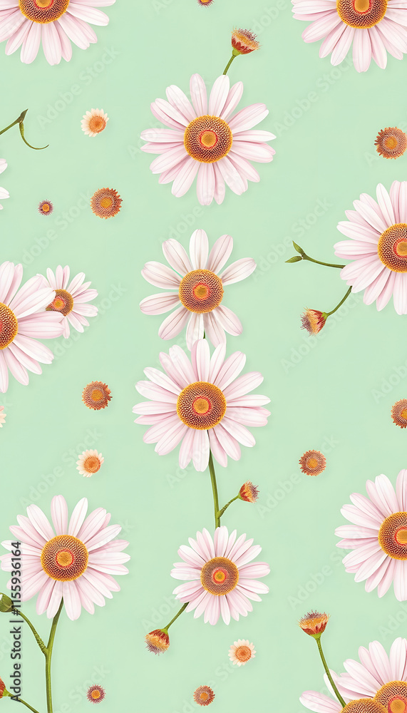 Creative floral pattern made of chamomile flowers on abstract bright mint background, with white tones Creative floral pattern made of chamomile flowers on abstract bright mint background, with white tones