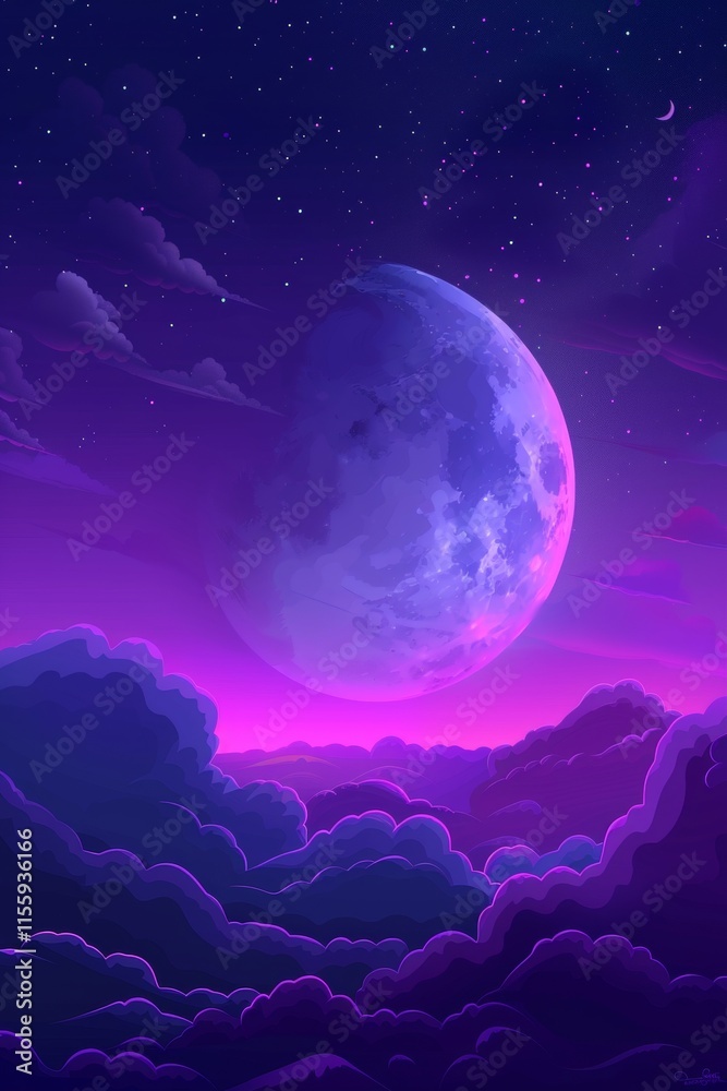 Obraz premium Mystical moonlight illuminates a purple gradient sky filled with fluffy clouds during a serene night
