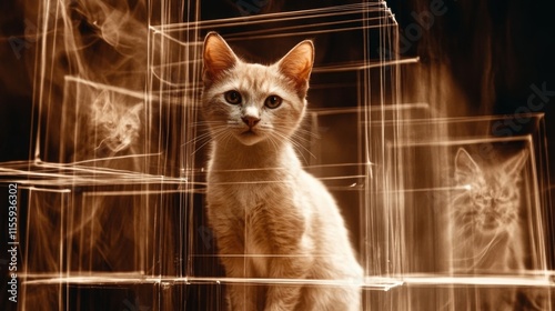 Schrödinger's cat concept in abstract light box with surreal feline reflection