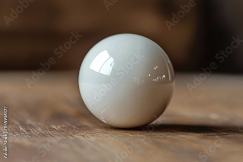 White spherical object resting on wooden surface with soft lighting and shado...
