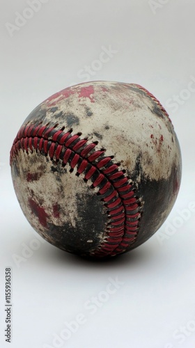 Worn baseball resting on a clean surface showcasing signs of numerous games p...