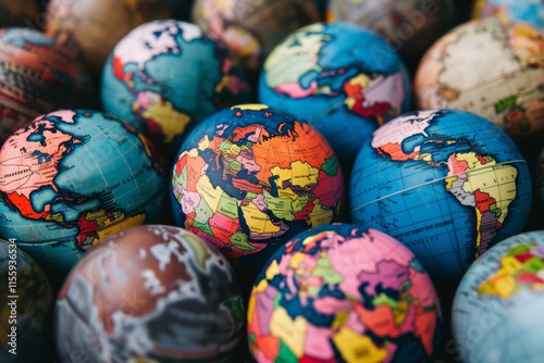 Exploring the concept of globalization through colorful globes showcasing diverse countries and regions in a vibrant collection